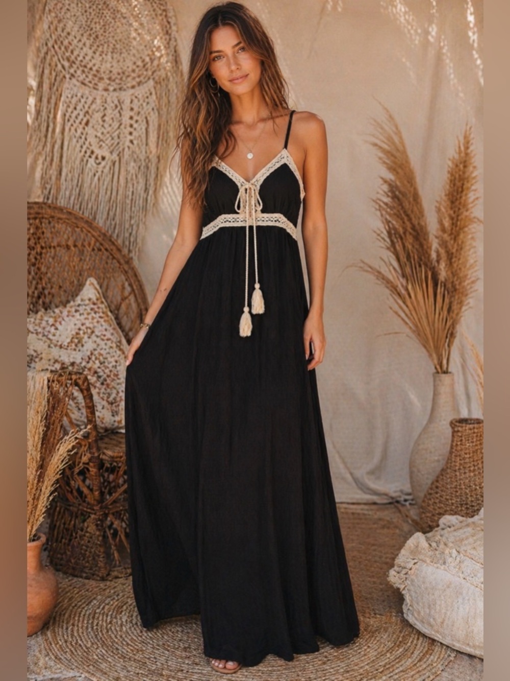 1 State Black Maxi Dress XS Boho Crochet Trim Spaghetti Strap Festival Hippie